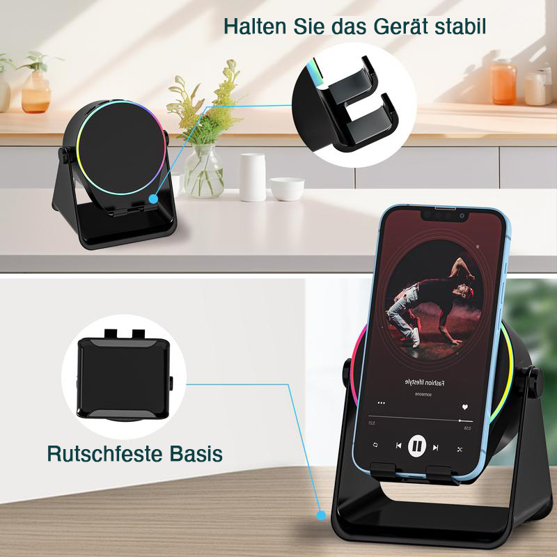 GFOUK® 🇩🇪 4-in-1-Wireless-Audio-Dock – Induktions- und Bluetooth-Lautsprecherständer mit RGB-Beleuchtung